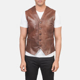 A brown men's leather vest jacket, featuring stylish and primium quality leather vest.