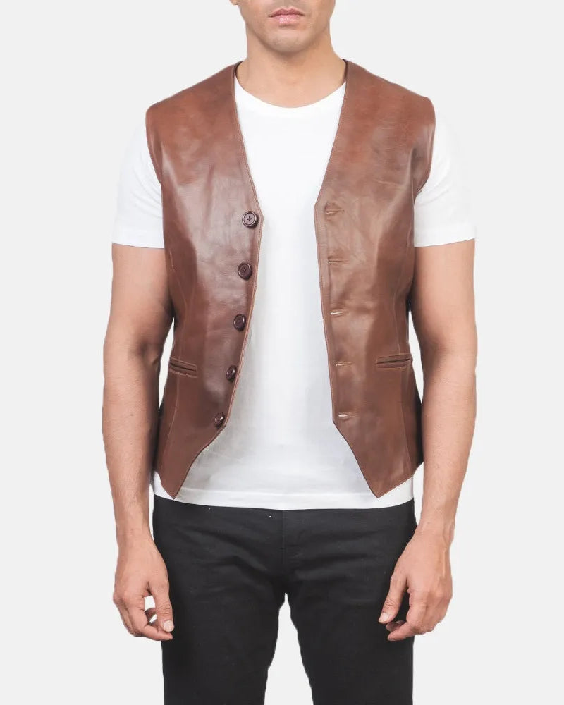 A brown men's leather vest jacket, featuring stylish and primium quality leather vest.