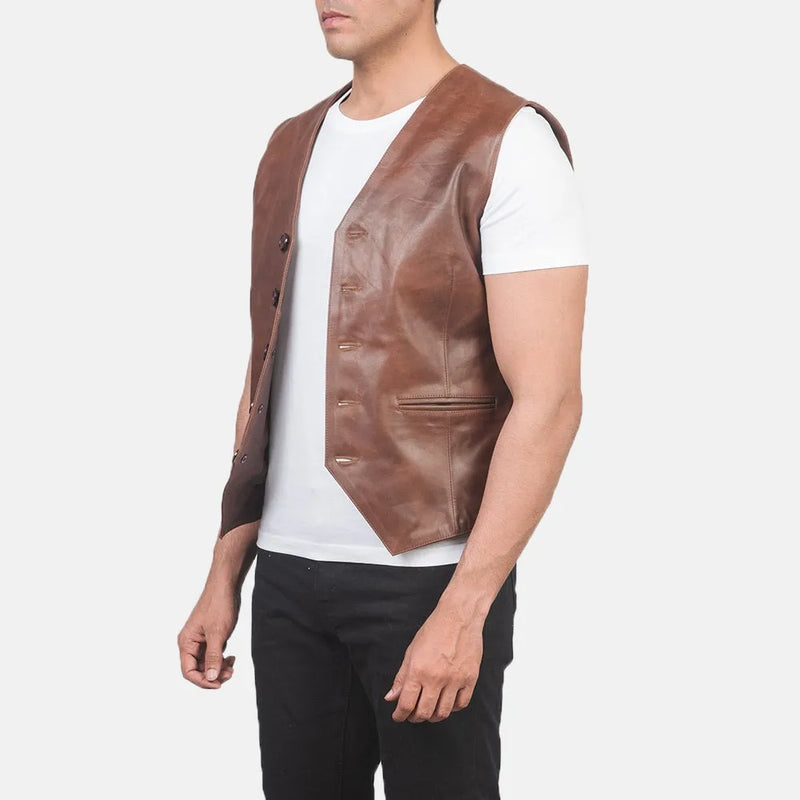A brown men's leather vest jacket, featuring stylish and primium quality leather vest.