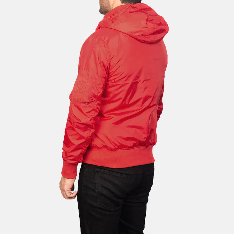 Red Bomber Jacket with Removable Nylon Hood