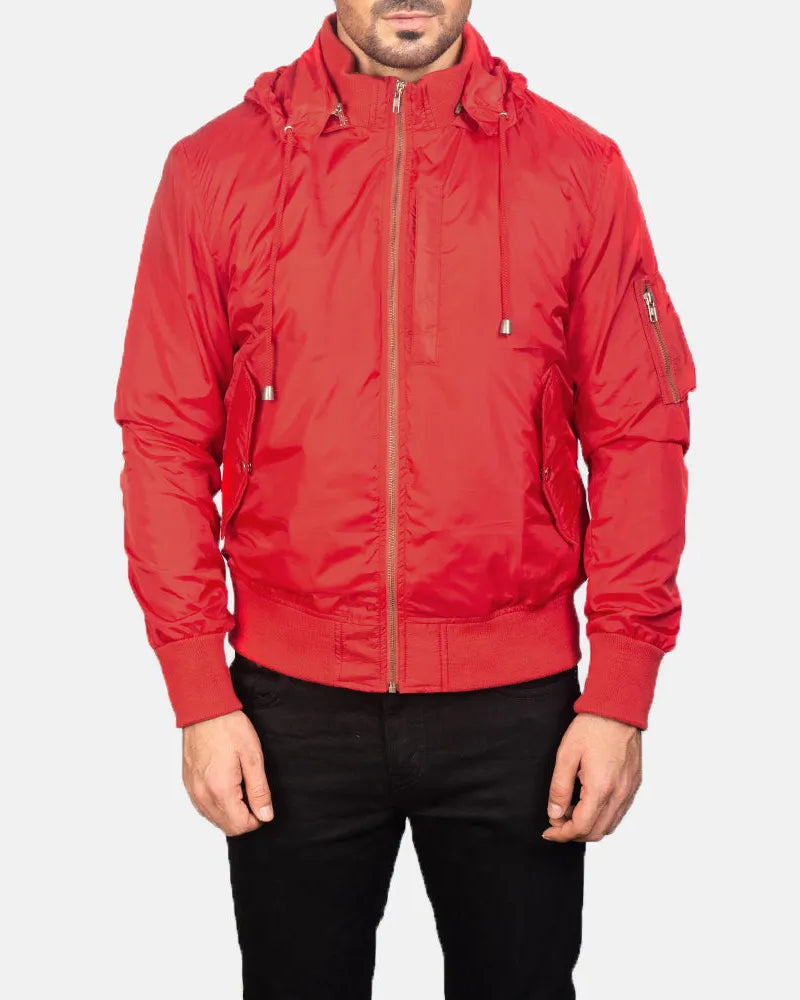 Red Bomber Jacket with Removable Nylon Hood