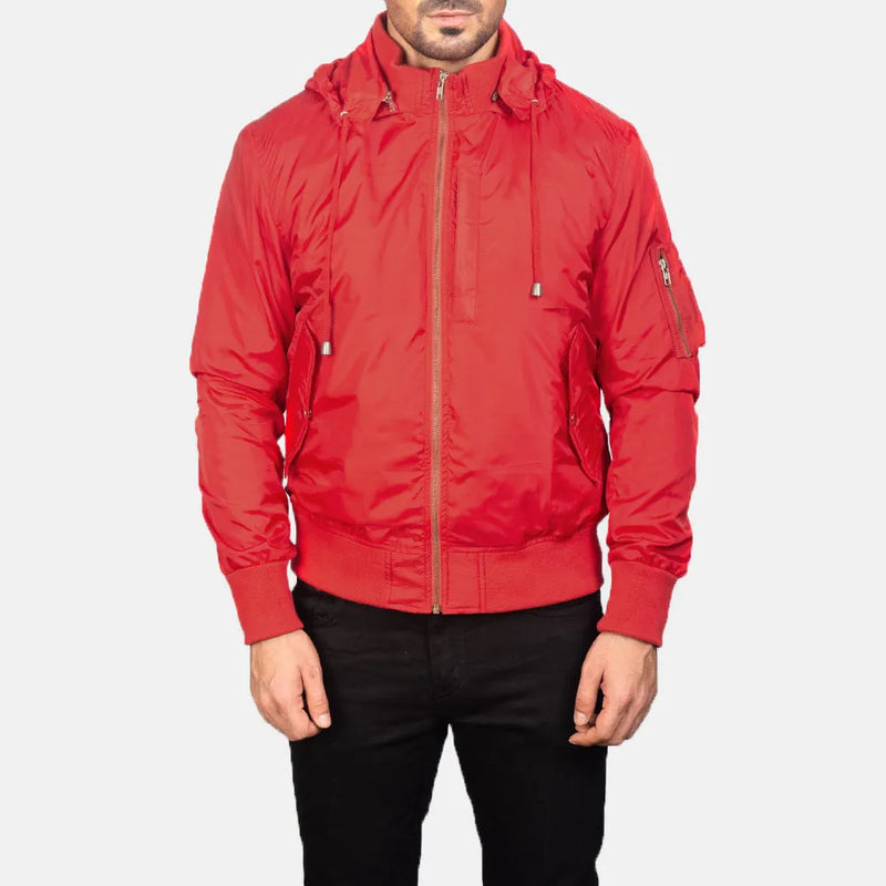 Red Bomber Jacket with Removable Nylon Hood
