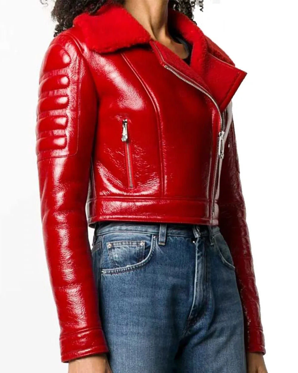 Women’s Asymmetrical Lainey Red Faux Shearling Leather Jacket