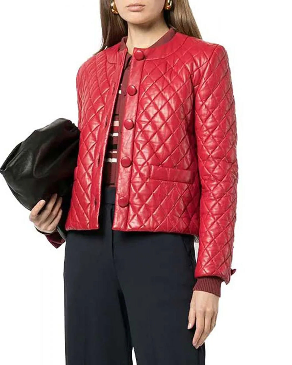 Women’s Collarless Quilted Red Leather Jacket