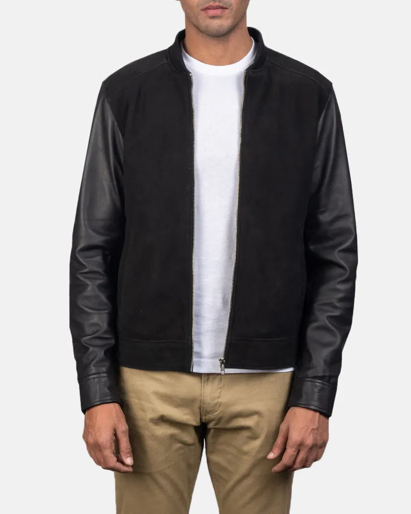 Stay warm in this black suede wool bomber jacket, a must-have for your wardrobe