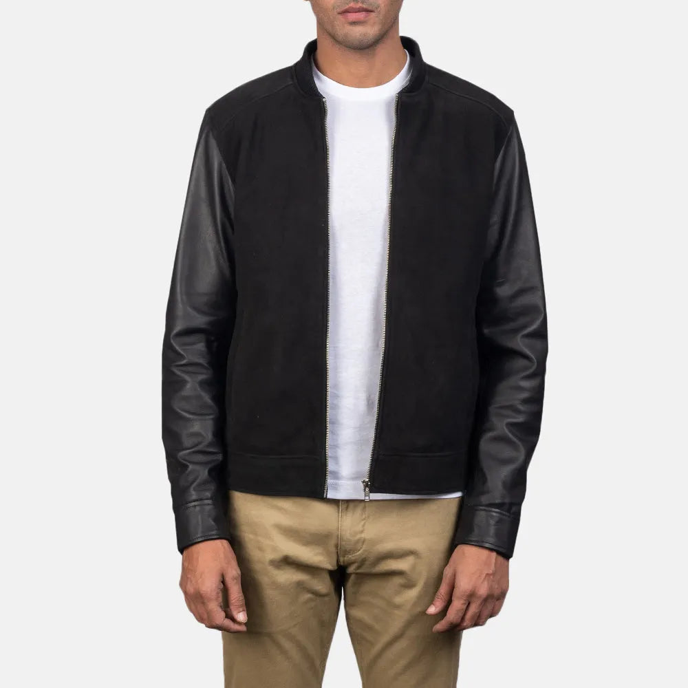 Stay warm in this black suede wool bomber jacket, a must-have for your wardrobe