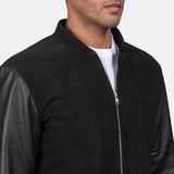 Stay warm in this black suede wool bomber jacket, a must-have for your wardrobe