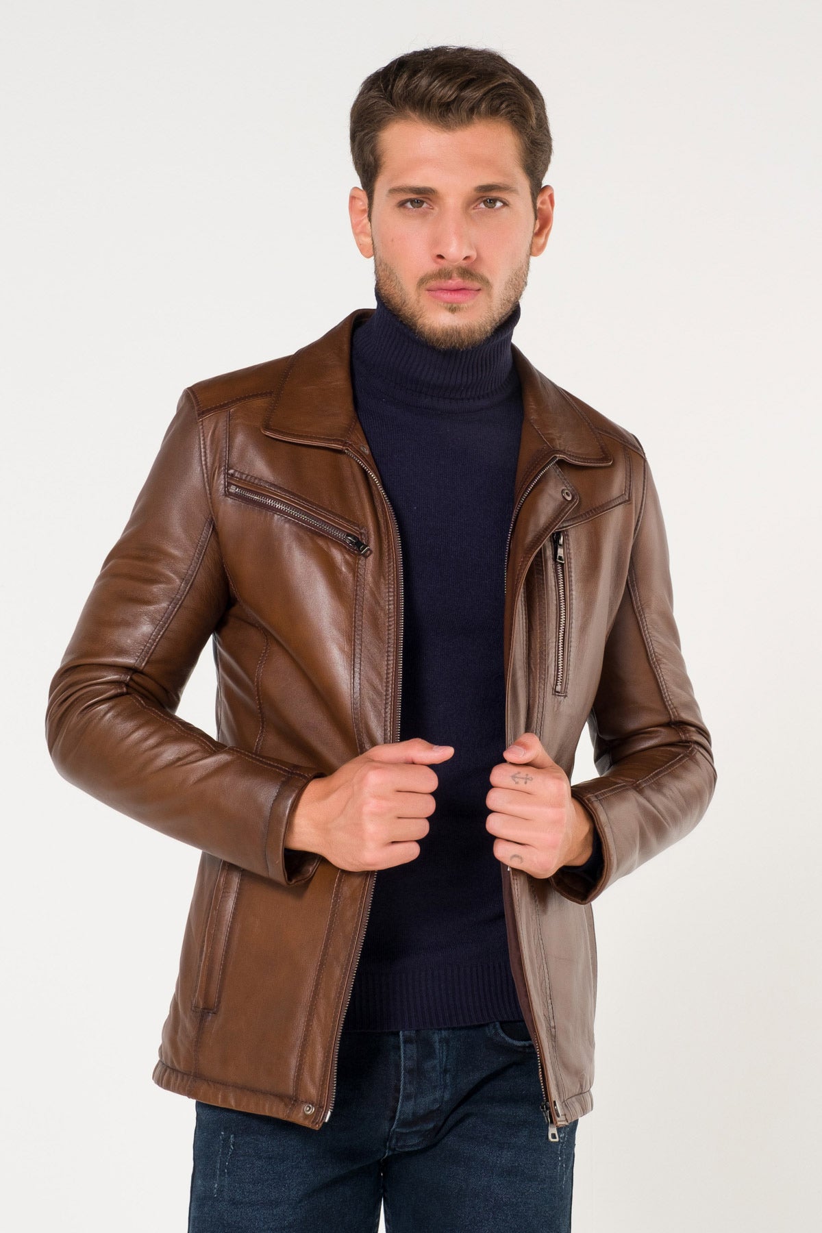 Original Horizontal Vertical Zipper Brown Leather Jacket